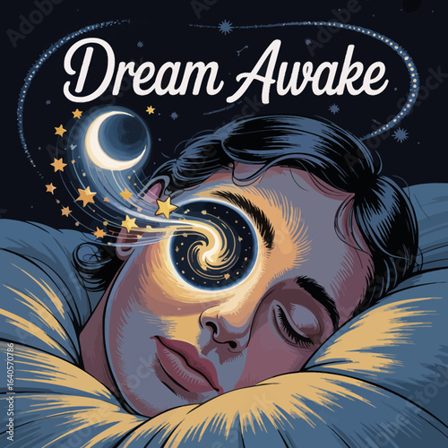 Surreal digital art depicts a person sleeping with a swirling galaxy in their eye representing dreams awake concept. vector