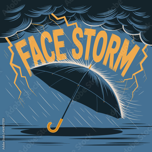 Umbrella braving fierce face storm weather with lightning and rain clouds symbolizing challenges vector
