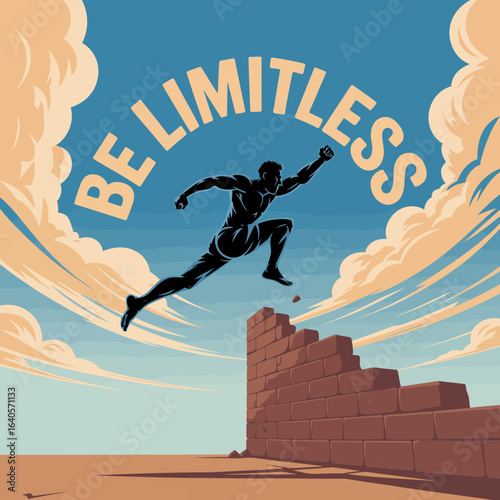 Dynamic silhouette of a person leaping over obstacles towards a sky emblazoned with the inspiring phrase be limitless vector