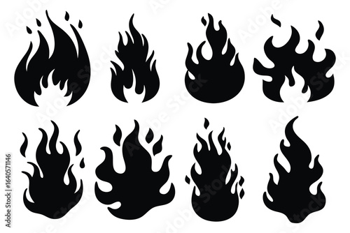 Flame fire silhouettes set isolated flat vector illustration on white background