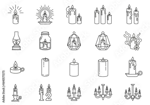 A collection of twenty different candle illustrations, ranging from simple tapers to elaborate candelabras and lanterns, all in a clean, minimalist line art style.