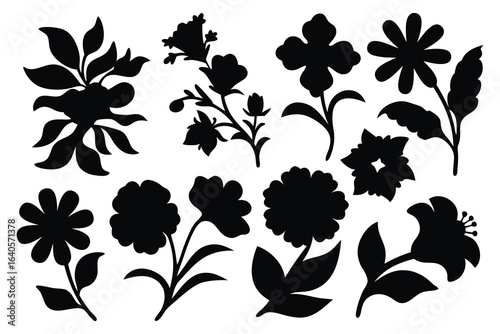 Flower floral silhouettes set isolated flat vector illustration on white background