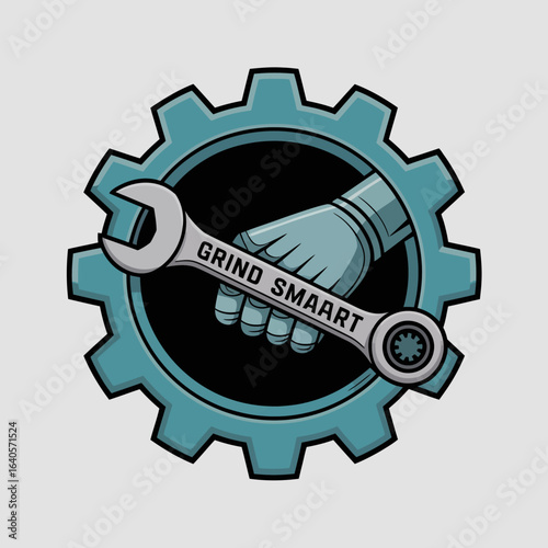 Robotic hand holding a wrench with grind smart text inside a cogwheel for mechanical industrial technology and automation concepts vector