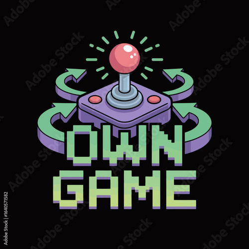 Retro joystick with pixelated text gaming icon digital art for classic arcade and console enthusiasts expressing the joy of playing own games vector