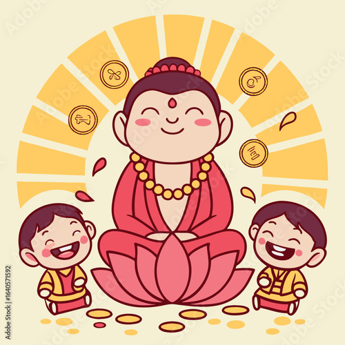 Cartoon Buddha sits meditating above a lotus flower, with two jovial children near him
