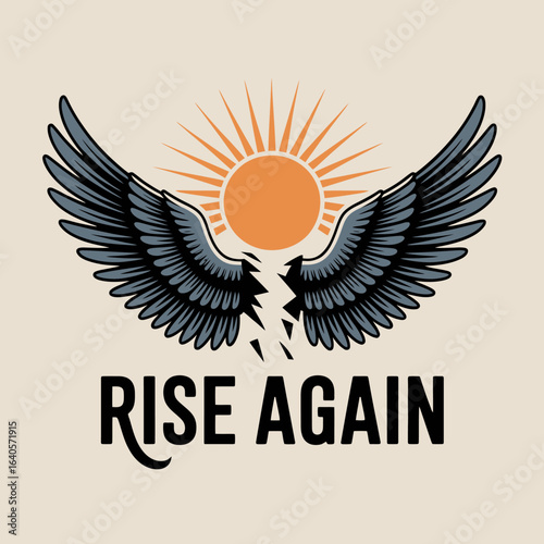 Symbolic broken wings reforming with radiant sun and "rise again" text inspiring hope and resilience vector