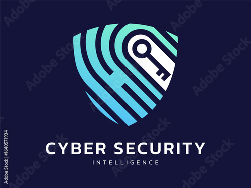 Cyber security intelligence data protection with overlapping digital fingerprint access key in shield technology vector logo design concept. Abstract shield security icon logotype for ID ui, web.
