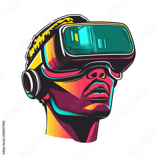 retro, comic book-style illustration of a person wearing a virtual reality headset, with vibrant colors and bold lines. This icon is suitable for websites and blogs about technology, gaming