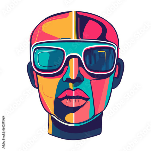 This abstract, stylized portrait of a person wearing sunglasses, with bold, geometric patterns in a pop art style is ideal for websites or blogs about fashion, technology, music, or digital culture.


