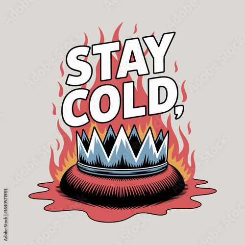 Cool ice crown sits firmly amidst fiery flames suggesting resilience and inner strength staying cold vector