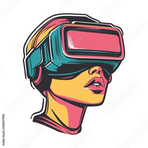 Retro pop art illustration of a woman wearing VR headset, perfect for websites/blogs about technology, gaming, metaverse, or digital future.

