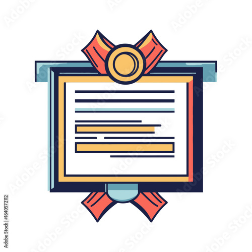 A colorful flat illustration of a framed certificate with a medal and ribbon. This icon is suitable for websites and blogs related to education, achievements, awards, or professional certifications.

