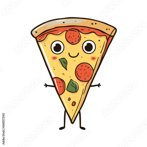 This charming, cartoon-style illustration of a smiling slice of pizza with arms and legs is great for websites and blogs about food, restaurants, pizzerias, or children's menus.

