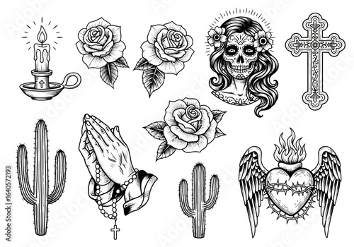 A collection of black and white line art illustrations featuring a skull, roses, praying hands, a cross, cacti, a candle, and a winged heart.