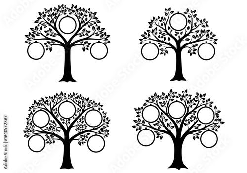 Four family tree templates with blank circles for photos or names, stylized with leaves, branches, and trunks.
