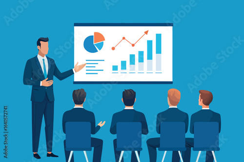 Man in a suit presents to a group of attentive business professionals in a conference room flat vector illustration.