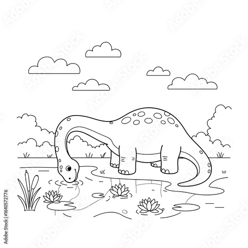 Cartoon dinosaur coloring page with long-necked brontosaurus drinking from pond in nature
