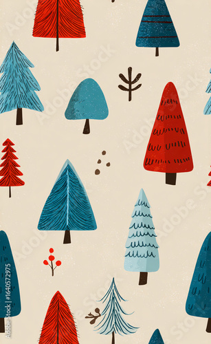 Tree Red Blue Nature Forest Silhouette Pattern Illustration Textile Artwork Rural Spring Colorful Design Graphic Eco Botanical Environment Landscape