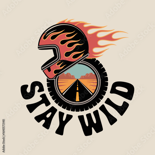Motorcycle biker helmet with flames and road symbolizing freedom and adventure stay wild design vector