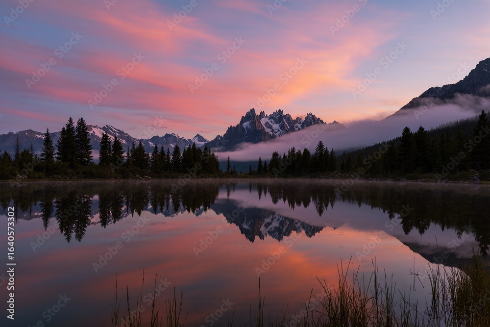 Fototapeta premium A serene pink and purple sunset casts vibrant hues over a rugged mountain ridge, with soft gradients blending cotton-candy skies into a snow-capped peak