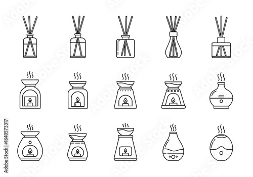 A collection of minimalist line art illustrations depicting various fragrance diffusers and oil burners, arranged in rows on a white background.