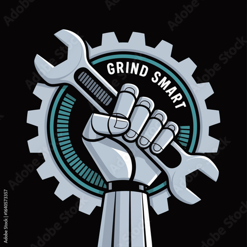Robotic hand holding wrench with gear and grind smart text symbolizing innovation and efficiency in mechanical industry vector