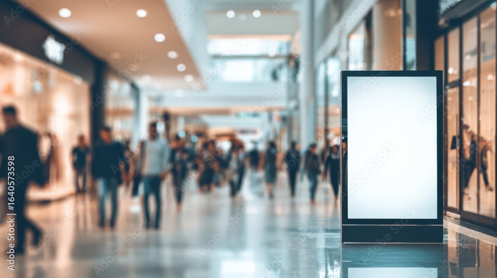 Obraz premium Blank Advertisement Billboard Mockup Inside Modern Shopping Mall with Blurred People Walking, Perfect for Commercial Use