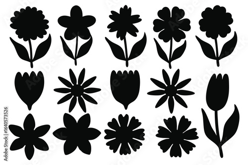 Spring flowers hand drawn silhouettes set isolated flat vector illustration on white background