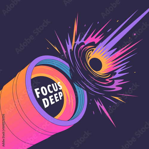 Abstract art piece illustrating deep focus through a colorful tunnel leading to an exploding cosmic phenomenon vector