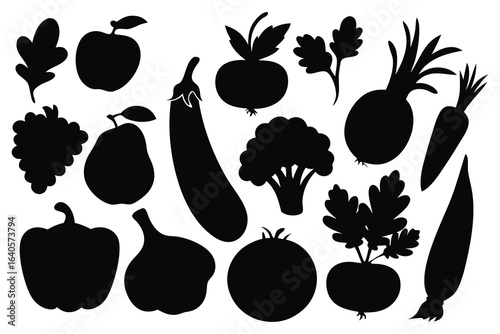  Vegetables and fruits silhouettes set isolated flat vector illustration on white background