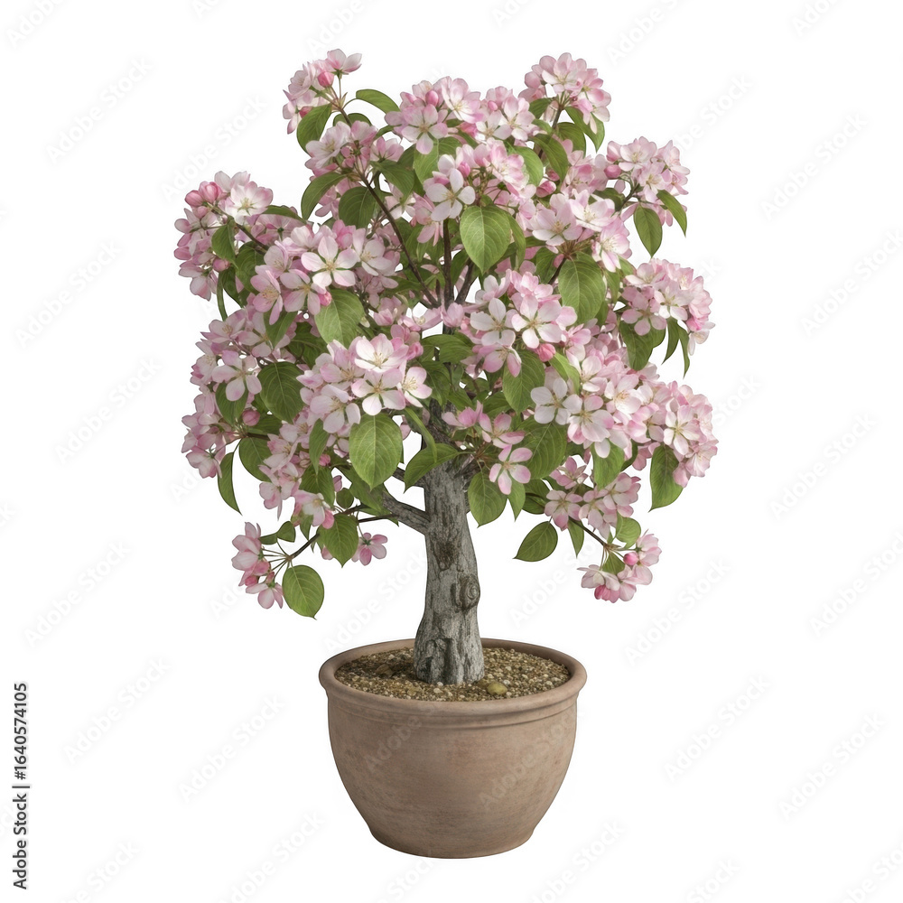 Naklejka premium Pink crabapple tree in bloom in terracotta pot isolated on a transparent background