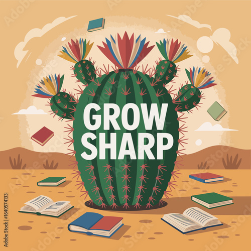 Vintage style cactus "grow sharp" desert scene with books scattered around symbolizing growth and knowledge acquisition vector