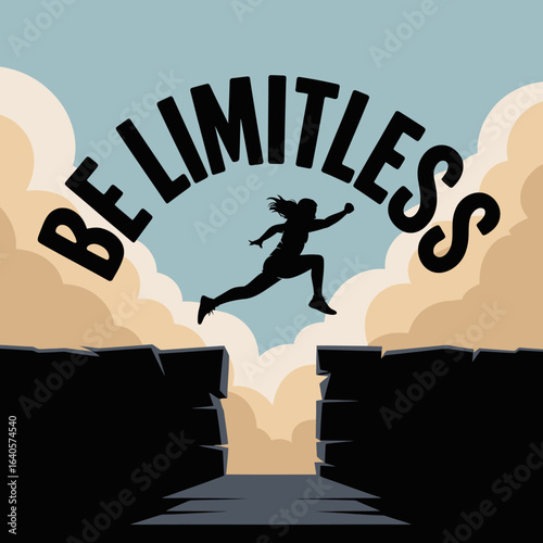 Silhouette of a determined person leaping across a chasm symbolizing overcoming obstacles with "be limitless" message above vector