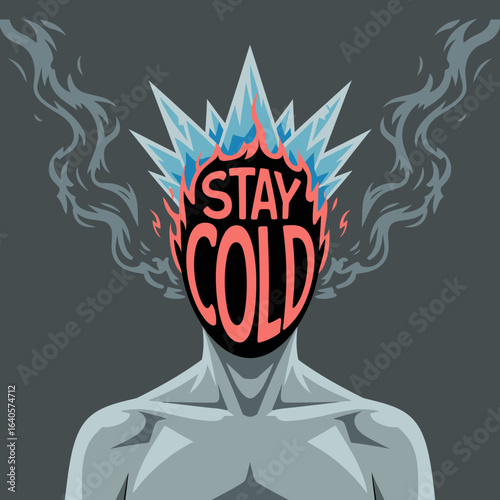 Surreal digital art portrait of a figure with 'stay cold' text on face and icy crown surreal art vector