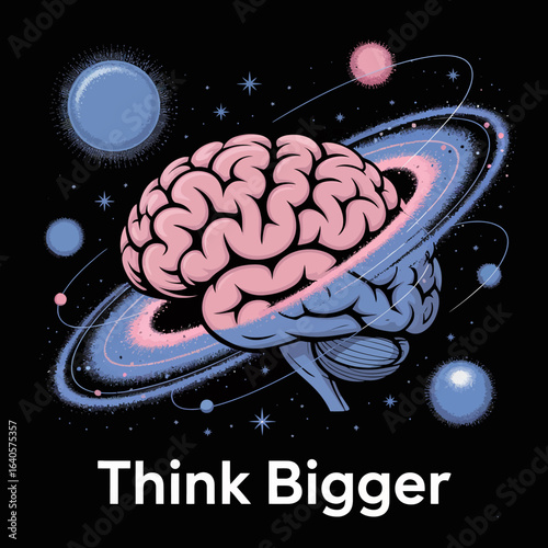 Surreal cosmic brain with galactic rings and planets symbolizing infinite thought and creativity in the universe of ideas vector