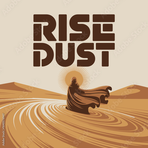 Rise dust abstract flat design poster with dramatic desert landscape and stylized figure evoking adventure and exploration vector