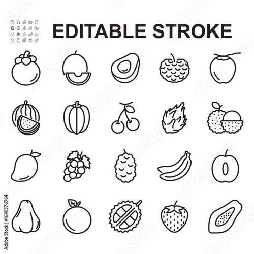 A collection of fruit icons. Thin line style vectors. Contains icons of various types of fruit, such as mangosteen, avocado, melon, and more.