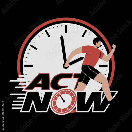 Man running action now concept with clock and speed lines representing time critical urgency and decision making vector