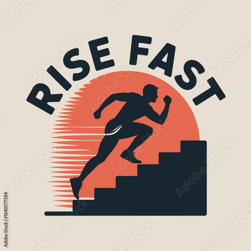 Dynamic silhouette of a runner ascending stairs against a stylized sunrise symbolizing rapid growth motivation and achievement vector