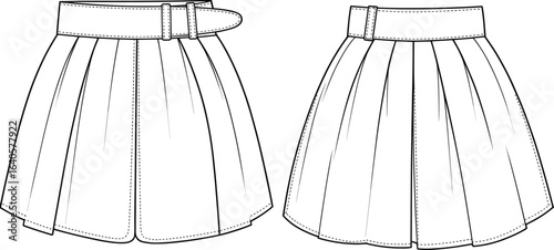 Pleated skirt flat sketch, women’s high waist skirt design, belted skirt template, fashion technical drawing, clothing vector illustration for apparel designers