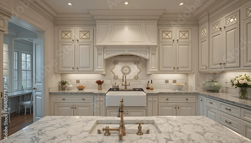 High-End Kitchen Room with Classic White Cabinetry, Ornate Crown Molding, and a Large Farmhouse Sink.

