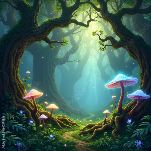 Enchanted forest: Luminescent mushrooms, ancient trees, and floating orbs of light.

