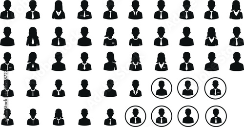 Business people silhouettes, male and female avatar icons, corporate profile vector set, office staff symbols, professional employee pictogram collection