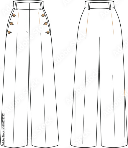 Wide leg pants flat sketch, high waist trousers front and back view, women’s pants technical drawing, fashion design vector template