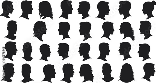 Collection of diverse male and female head silhouettes, side and front view, black vector illustration, hairstyle variety, isolated, white background