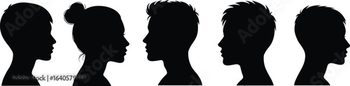 Male and female head silhouettes, side profile vector set, black face outline icons, people avatar shapes, human head pictograms