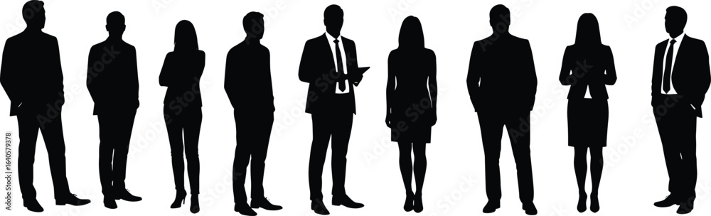 Silhouette group of business people, men and women standing, formal attire, teamwork concept, vector illustration, isolated, corporate professional poses Silhouette group of business people, men and women standing, formal attire, teamwork concept, vector illustration, isolated, corporate professional poses
