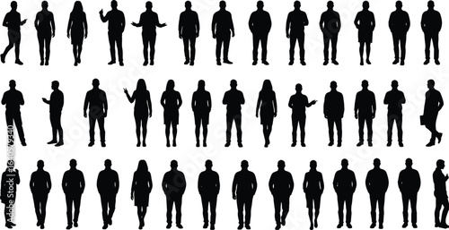 Silhouette collection of standing and walking people, male and female figures, vector illustration, black silhouettes, diverse poses, isolated, white background, casual attire, business style