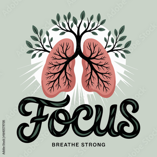 Artistic representation of human lungs as a tree with branches and leaves symbolizing healthy breathing and the word focus written below representing concentration and well being