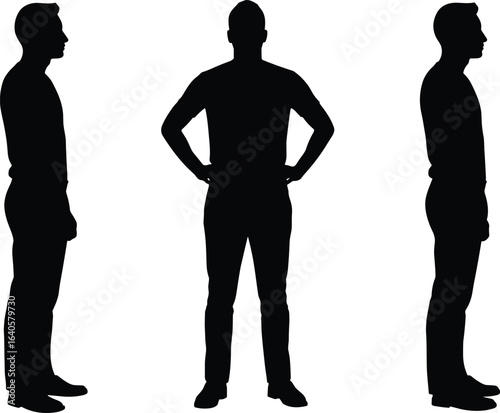 Silhouette of man in side and front view, standing posture, male figure, black vector illustration, human shape, profile and frontal position